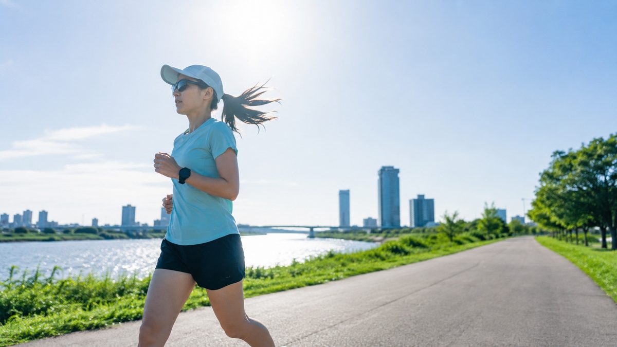 夏の朝、明るい日差しの中を走るランナー